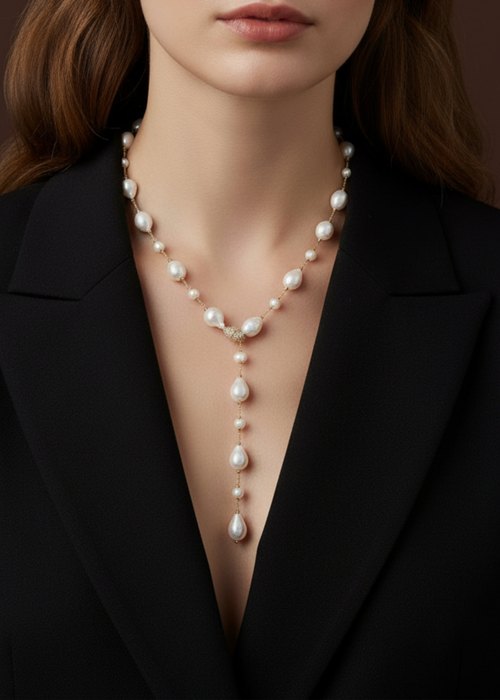 Pave Pearl Lariat Necklace