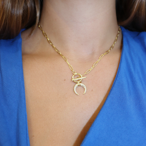 Pave Gold Crescent Horn Necklace