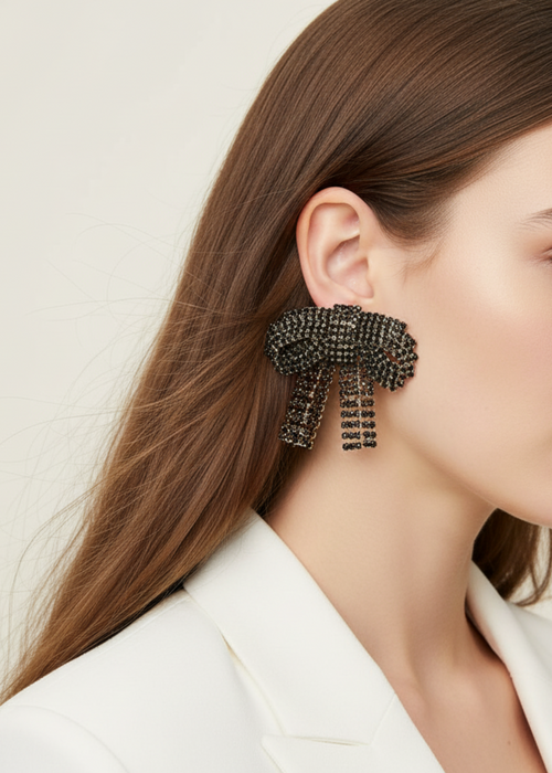 Gemstone Bow Earrings - Black