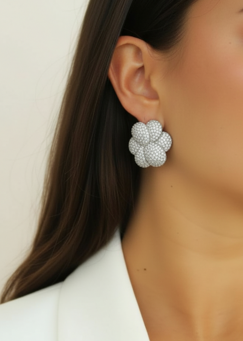 Pave Bloom Studs - Silver