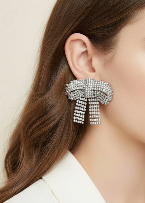 Gemstone Bow Earring - Silver