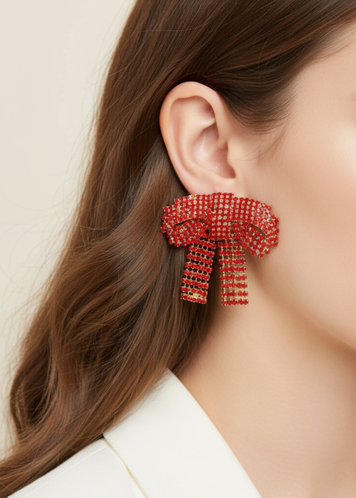 Gemstone Bow Earrings - Red