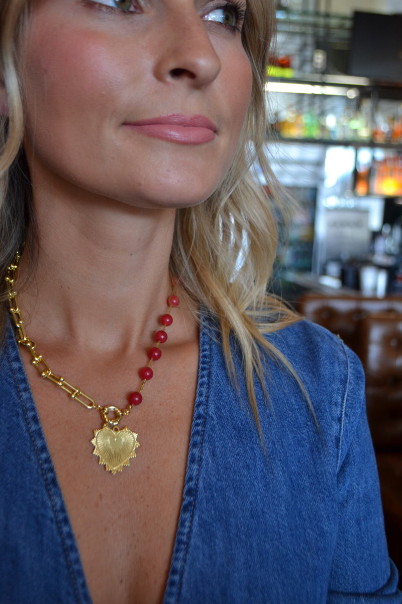 Intricate Heart Charm Necklace - Deep Red