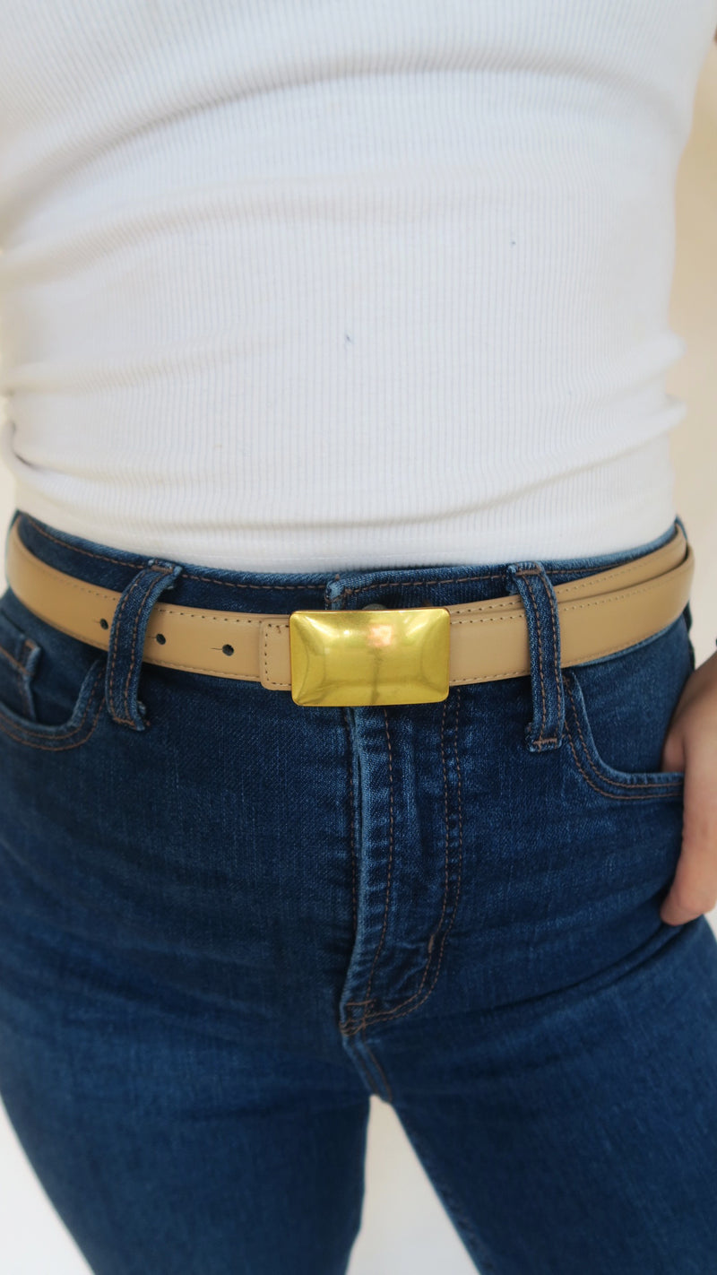 Brushed Rectangular Buckle Belt - tan