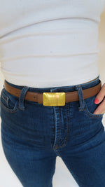 Brushed Rectangular Buckle Belt - brown