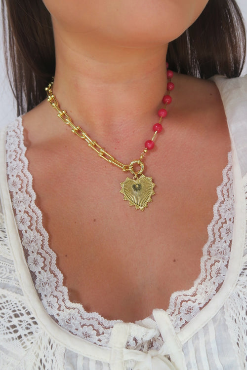 Intricate Heart Charm Necklace - Deep Red