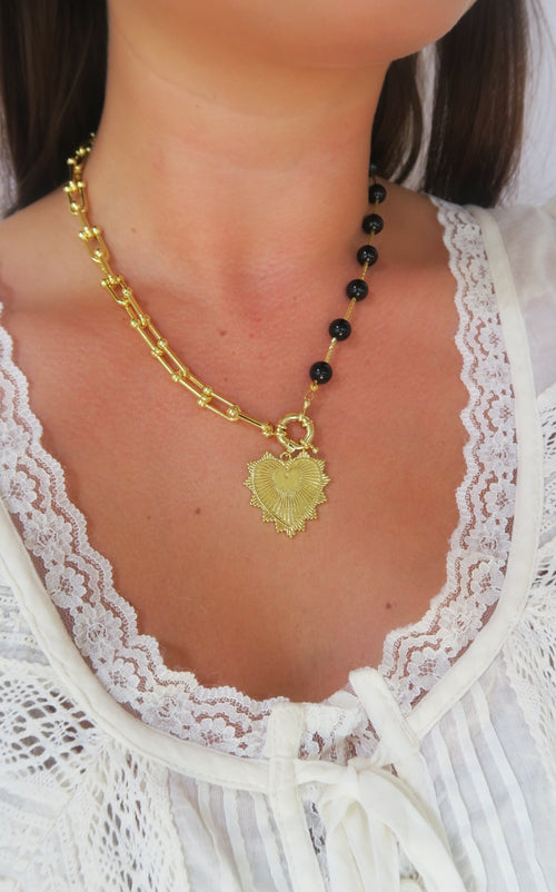 Intricate Heart Charm Necklace - Black