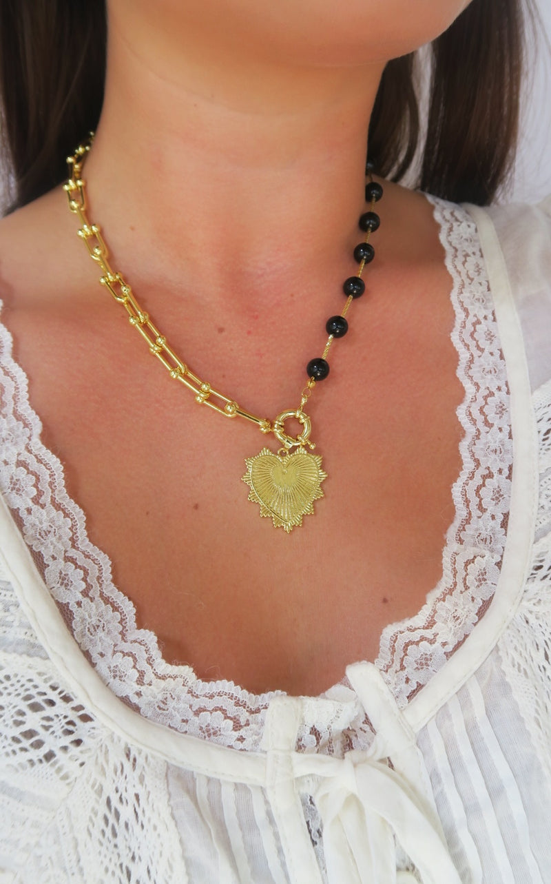 Intricate Heart Charm Necklace - Black