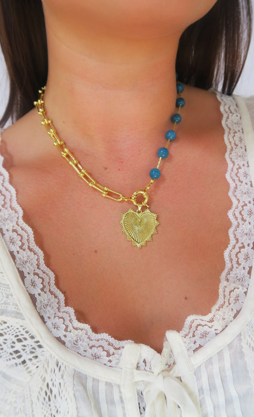 Intricate Heart Charm Necklace - Dark Blue