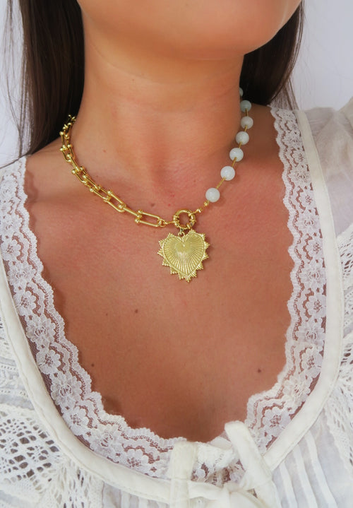 Intricate Heart Charm Necklace - Light Blue