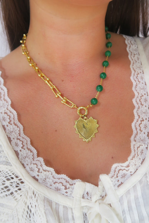 Intricate Heart Charm Necklace - Emerald