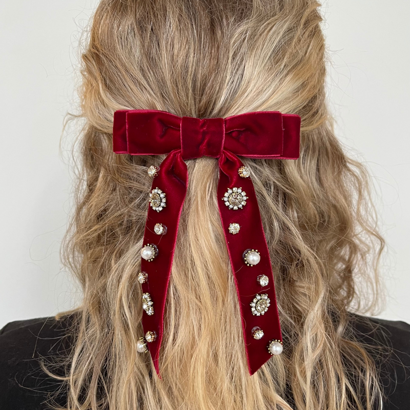 Velvet Bow Clip - Red