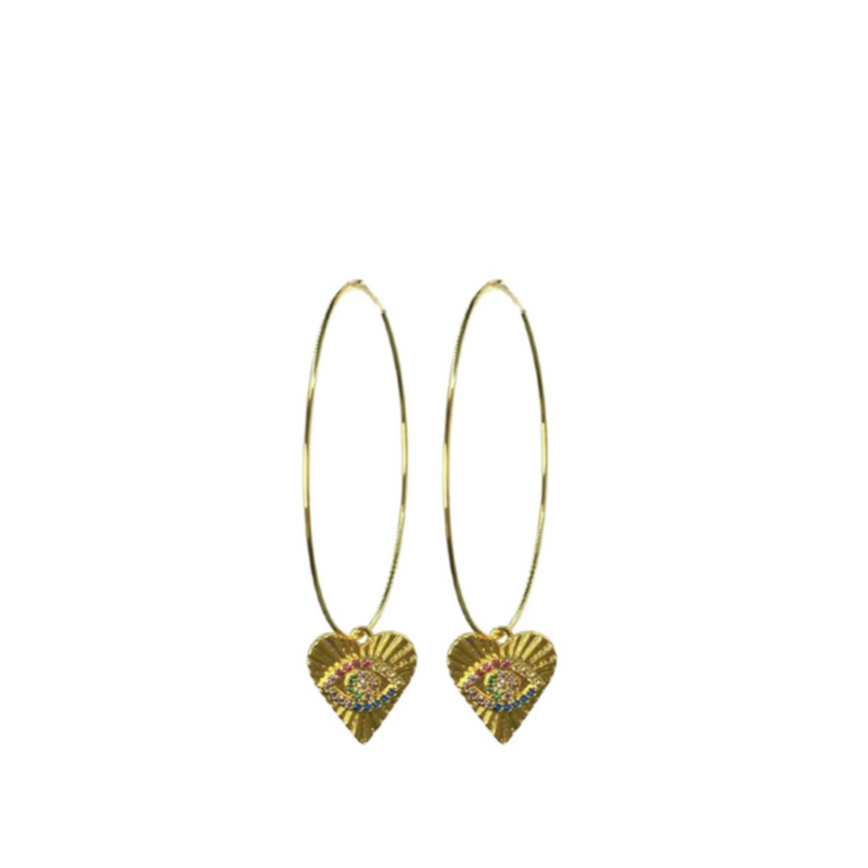 Rainbow Eye Heart Charm Gold Wire Hoop (case pack of 2) - wholesale