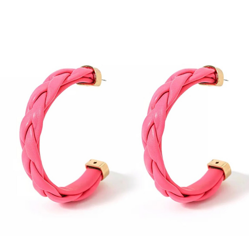 Braided Leather Hoops - pink