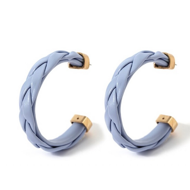 Braided Leather Hoops - light blue