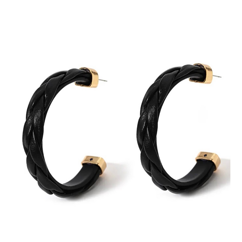 Braided Leather Hoops - black