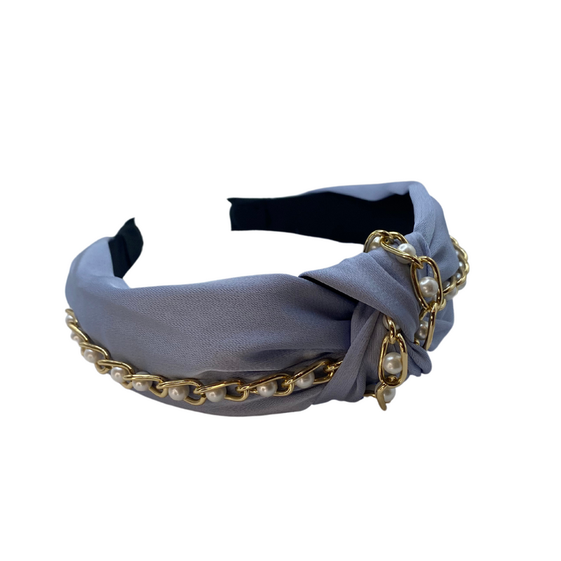 Gold Chain Pearl Headband - sky blue