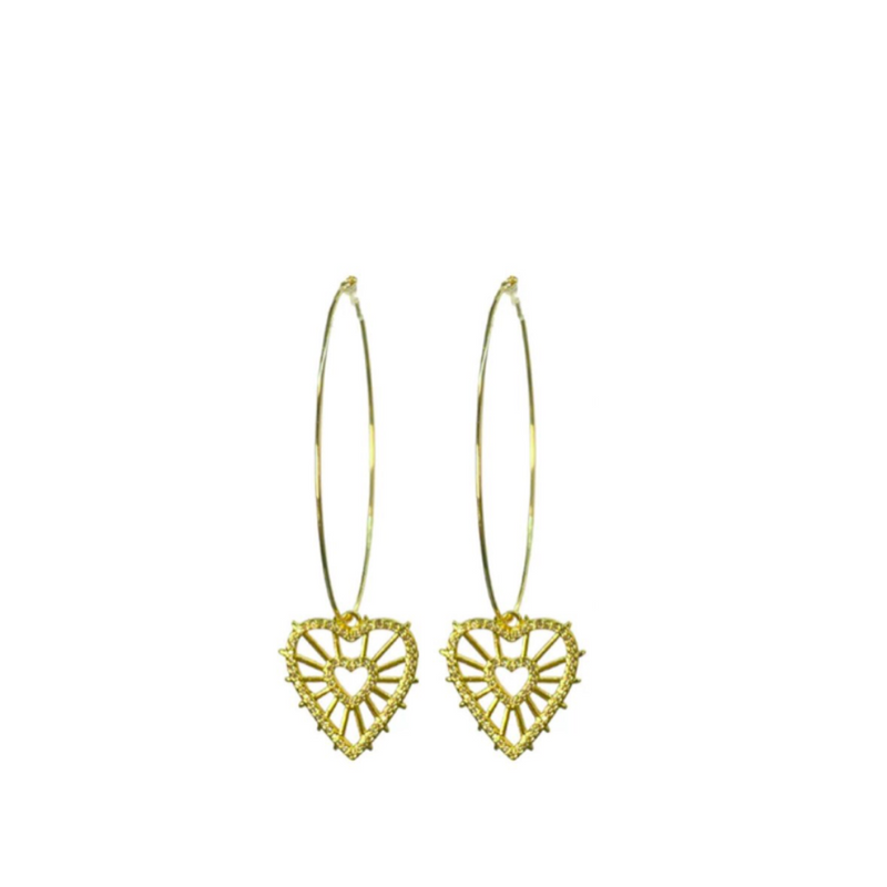 Double Heart Charm Gold Wire Hoop (case pack of 2)- wholesale