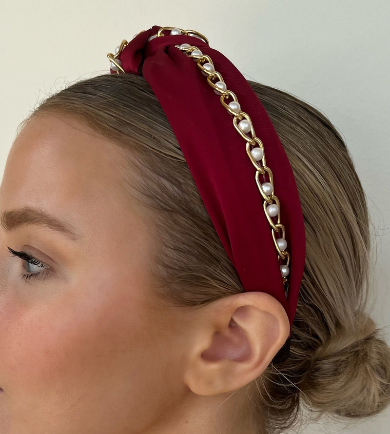 Gold Chain Pearl Headband - Ruby