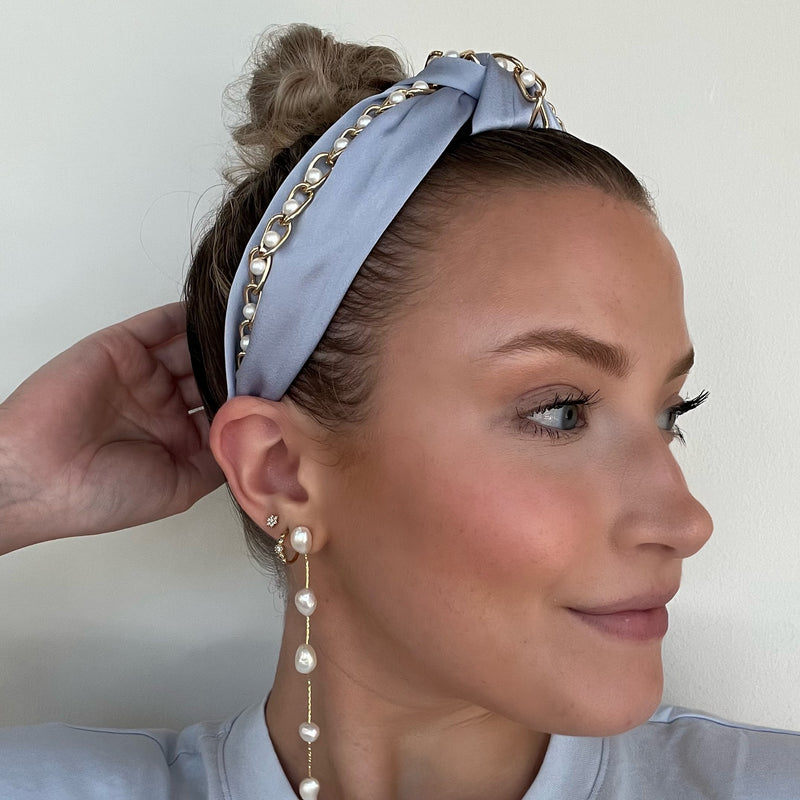 Gold Chain Pearl Headband - sky blue