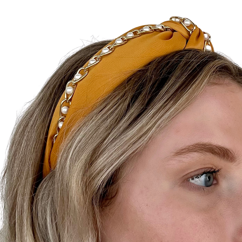 Gold Chain Pearl Headband - saffron